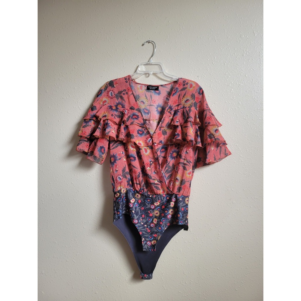 Zara Colorful Floral Ruffle Chiffon Romantic Short Sleeve Bodysuit Sz M - Picture 2 of 15